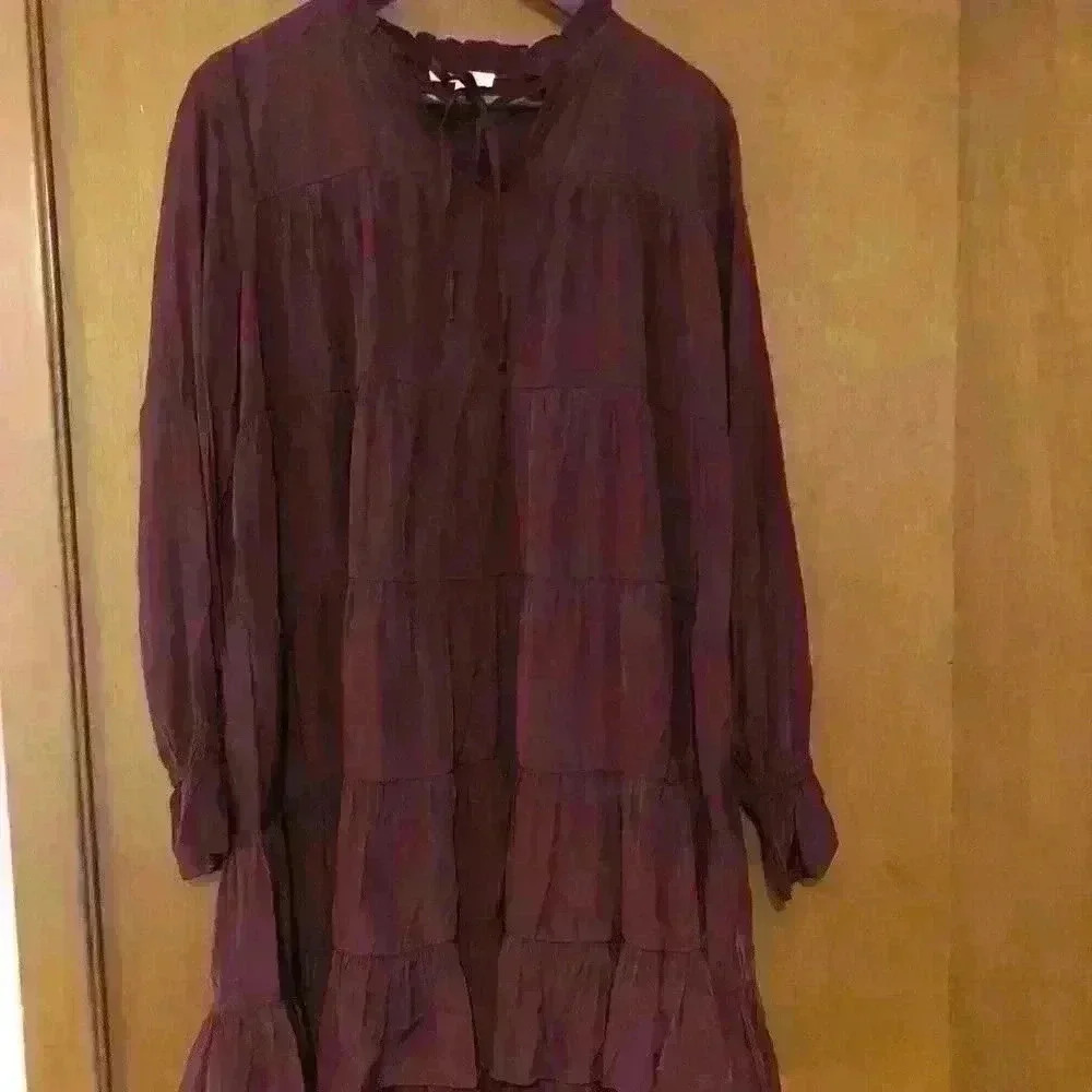 Easel Burgundy Ruffle Tunic Long Sleeve Tie Neck Plum New NWT‎